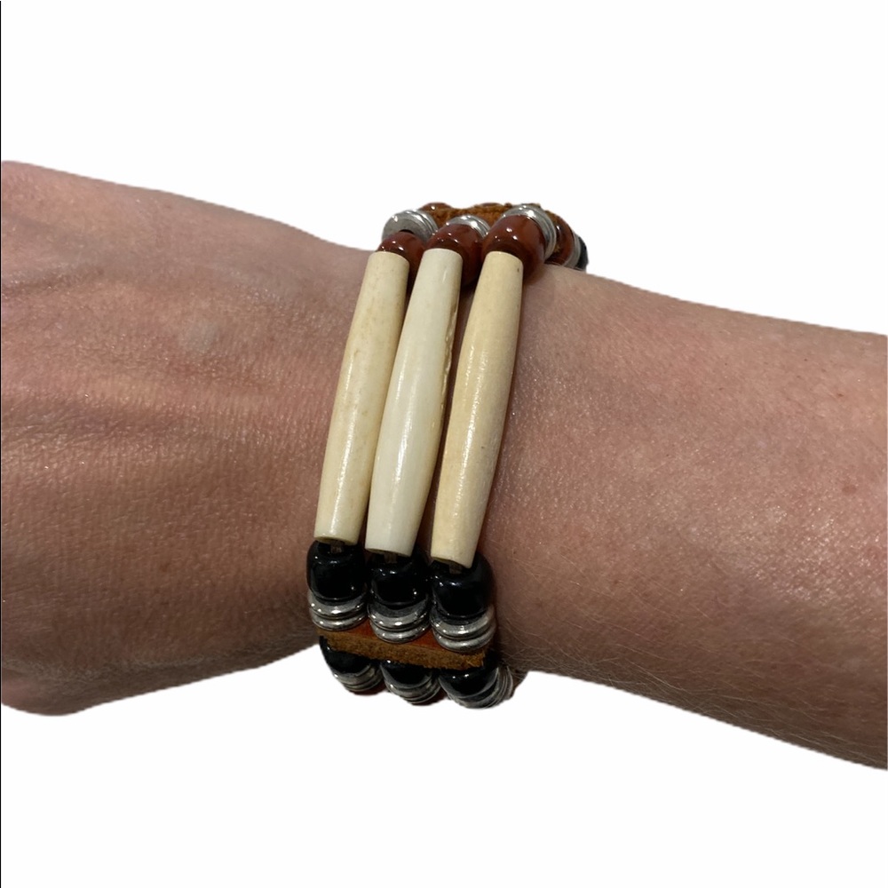 Vintage Leather and Seed Bead Cuff Bracelet